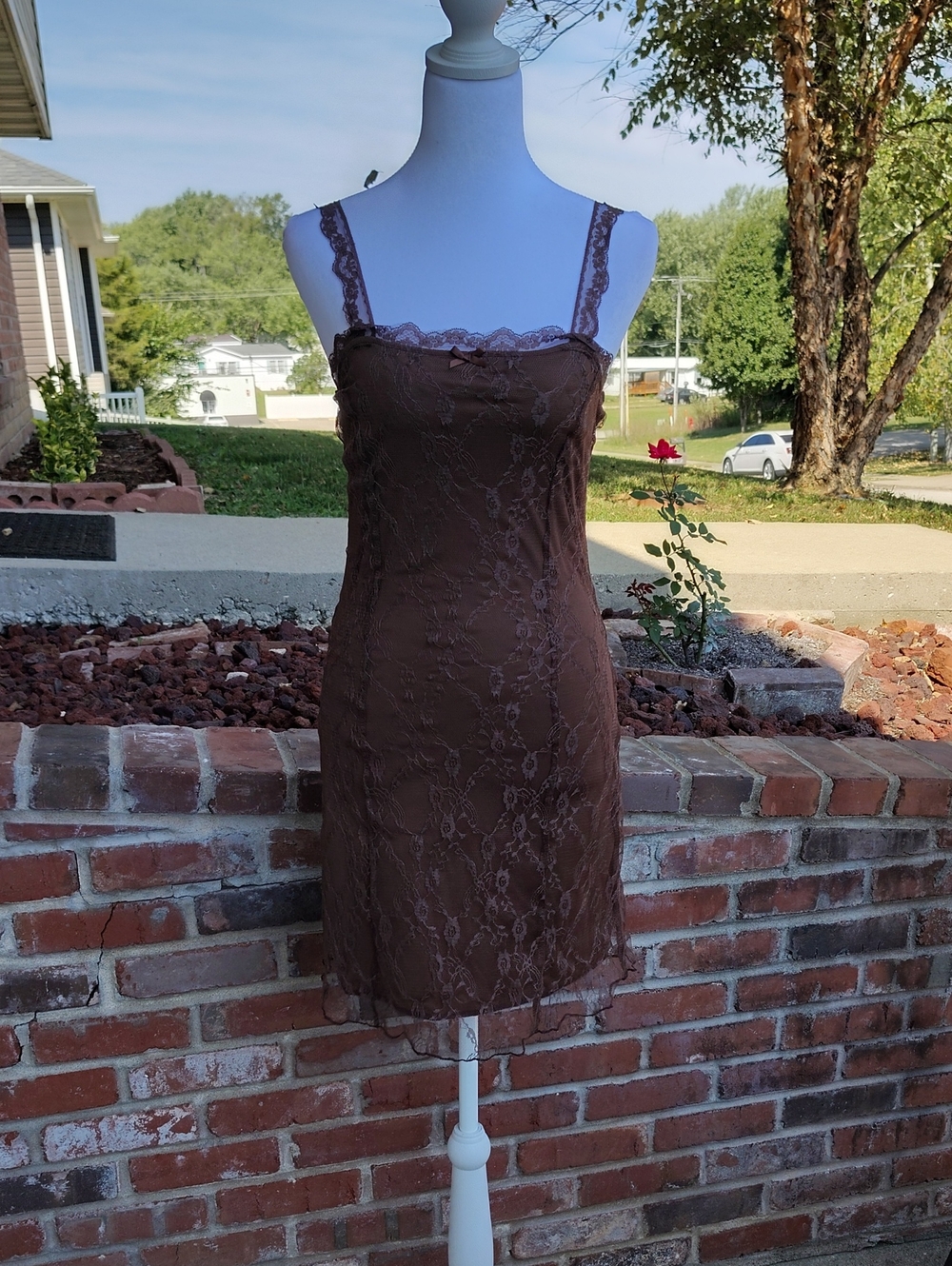 Romwe Brown Floral Bow Lace Mesh Fitted Mini Dress Size XS Y2K Coquette Romantic